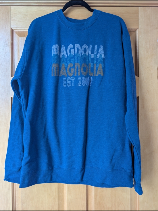 Magnolia Tops - Magnolia Blue Crewneck Sweatshirt with Multicolor Magnolia Print
